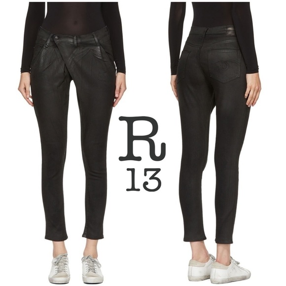 R13 Jeans R3 Xover Asymmetrical Coated Jeans In Waxed Black 27